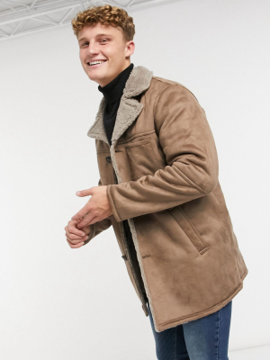 Only & Sons Faux-suede Coat With Sherpa Lining