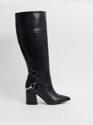 Asos Design Collins Block Heel Knee Boots In Black Croc