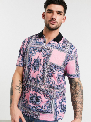 Asos Design Relaxed Polo In All Over Bright Baroque