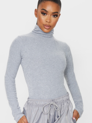 Grey Brushed Rib Long Sleeve Roll Neck Bodysuit