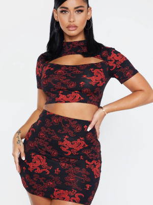 Shape Black Dragon Print Bodycon Skirt