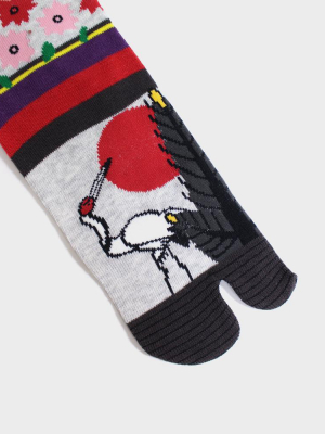 Tabi Socks, Crane With Red Sun & Flowers (m/l)