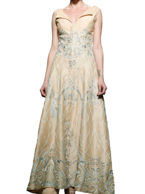 Flap Collar Embroidered Gown