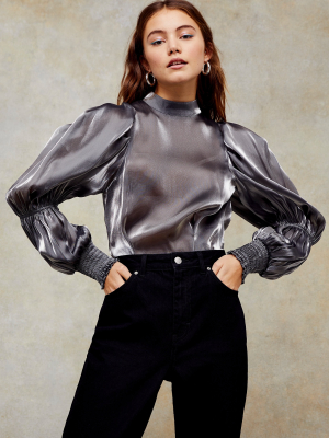 Silver High Neck Puff Sleeve Top