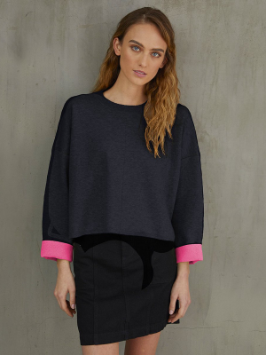 Double Face Neon Crew Sweater In Navy Blue/neon Pink