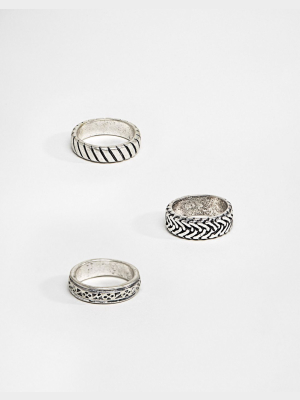 Asos Design Ring Pack With Embossing In Burnished Silver Tone