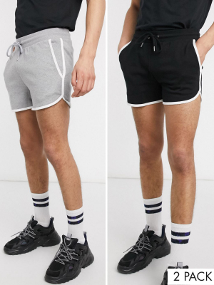 Asos Design 2 Pack Jersey Runner Shorts In Gray Marl/black