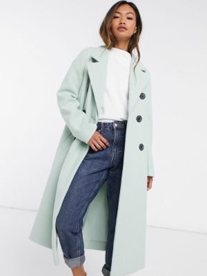 River Island Puff Sleeve Belted Coat In Pistachio Green