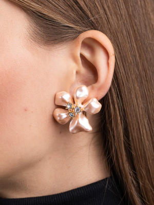 Gold, Crystal And Pink Pearl Flower Clip Earrings