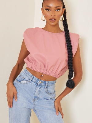 Pink Pu Shoulder Pad Ruched Hem Crop Top