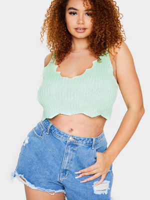 Plus Mint Knit Strappy Scallop Edge Crop Top