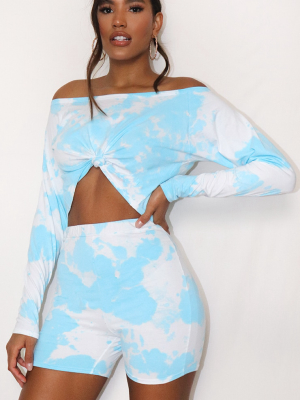 Blue Tie Dye Long Sleeve Knot Front Top