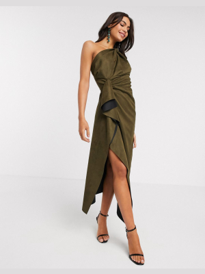 Asos Design Suedette One Shoulder Knot Detail Drape Midi Dress In Khaki