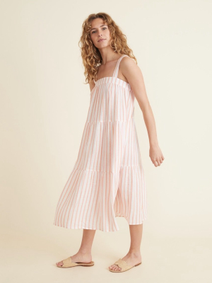 Corinne Square Neck Midi Dress In Pink/orange/white Stripe