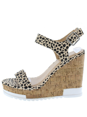 Bullock Leopard Open Toe Heel Strap Platform Cork Wedge