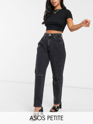 Asos Design Petite High Rise "slouchy" Mom Jeans In Washed Black With Rips