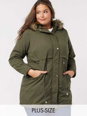 New Look Curve Long-line Parka Jacket In Khaki