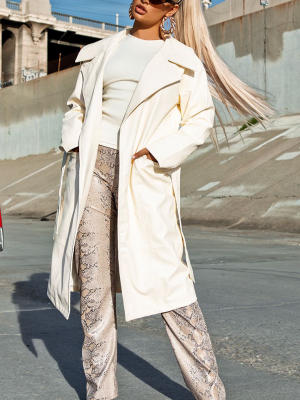 Cream Faux Leather Oversized Midi Trench Coat