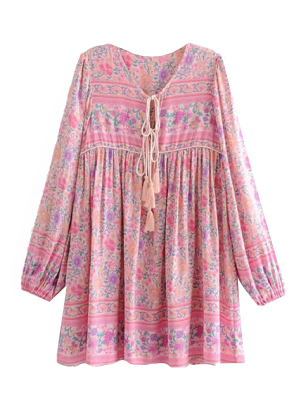 'sherry' Bohemian Print Pink Tassel Dress