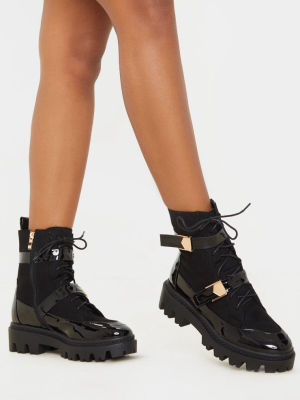 Black Buckle Detailed Lace Up Cleated Ankle Boot