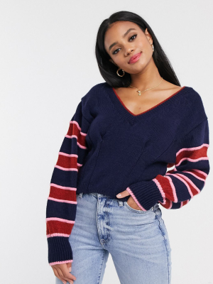 Asos Design V Neck Sweater With Contrast Stripe