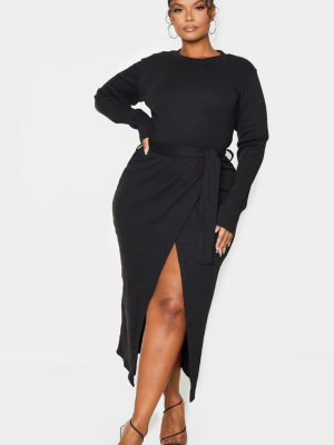 Plus Black Thick Rib Tie Waist Wrap Midi Dress