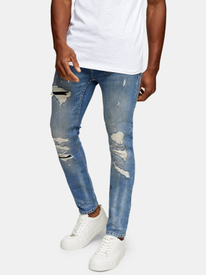 Mid Wash Paint Ripped Stretch Skinny Jeans