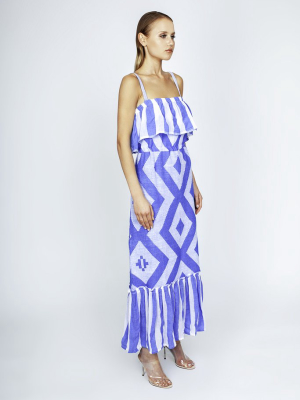 Biruhi Ruffle Tier Maxi Dress - Blue Multi Pattern Print