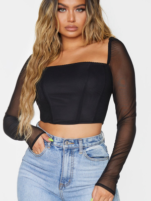 Black Sheer Mesh Structured Crop Top