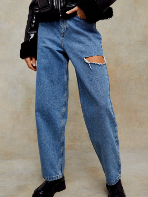 Mid Blue Relaxed Side Ripped Jeans