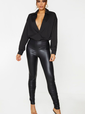 Tall Black Coated Pu Ruched Ankle Leggings