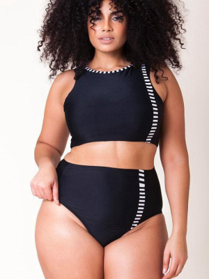 Plus Size Contrast Striped High Waisted Crop Bikini Swimsuit - Two Piece Set