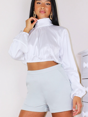 Petite White Cropped Satin High Neck Blouse