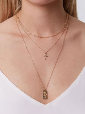 Floral Cross Pendant Layered Necklace