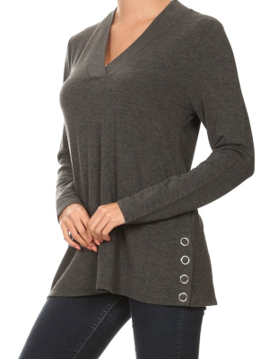 French Terry Button Tunic Knit Top