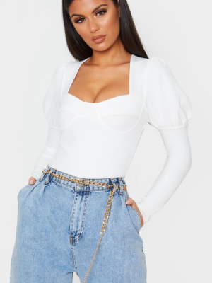 White Crepe Puff Sleeve Square Neck Bodysuit