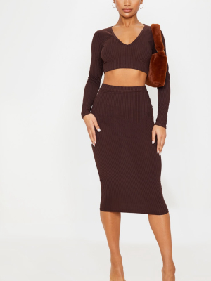 Brown Ribbed High Waist Midi Skirt