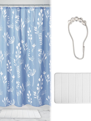 Isla Shower Curtain With Memory Foam Mat And Ring Bundle Blue/white - Idesign