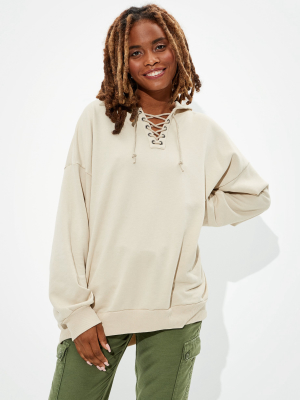 Ae Fleece Oversized Lace Up Hoodie