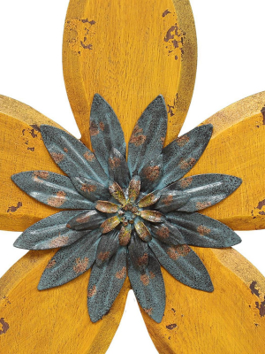 14.75" X 13.98" Antique Flower Wall Decor Yellow/teal - Stratton Home Décor