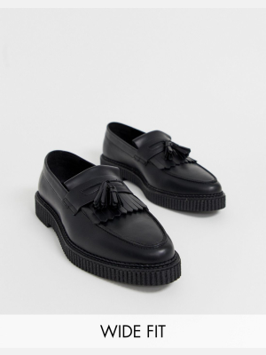 Asos Design Wide Fit Loafers In Black Leather With Creeper Sole