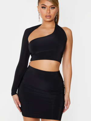 Black Slinky One Shoulder Asymmetric Crop Top