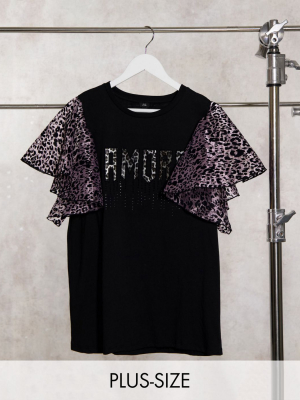 River Island Plus Amore Slogan T-shirt With Leopard Sleeves In Black