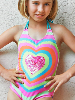 Pilyq Girls Neon Heart Embroidered One Piece Swimsuit