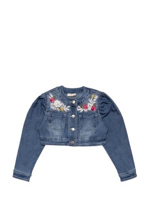 Monnalisa Floral Embroidered Denim Jacket