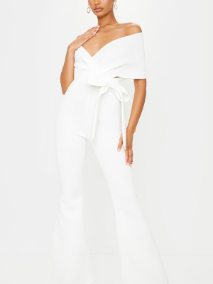 White Bardot Flared Leg Bonded Scuba Jumpsuit