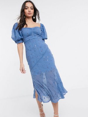 Asos Design Off Shoulder Embellished Studded Broderie Midi Dress