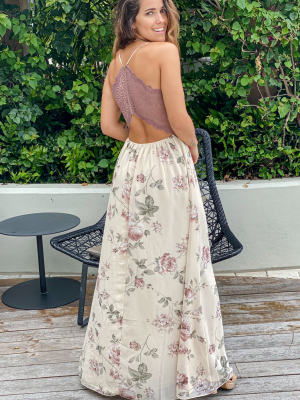 Cream Floral Maxi Dress With Lace Back