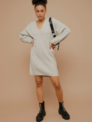 Mink Oversized V Neck Knitted Sweater Dress