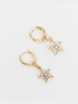 Asos Design Huggie Hoop Earrings With Rhinestone Star In Gold Tone